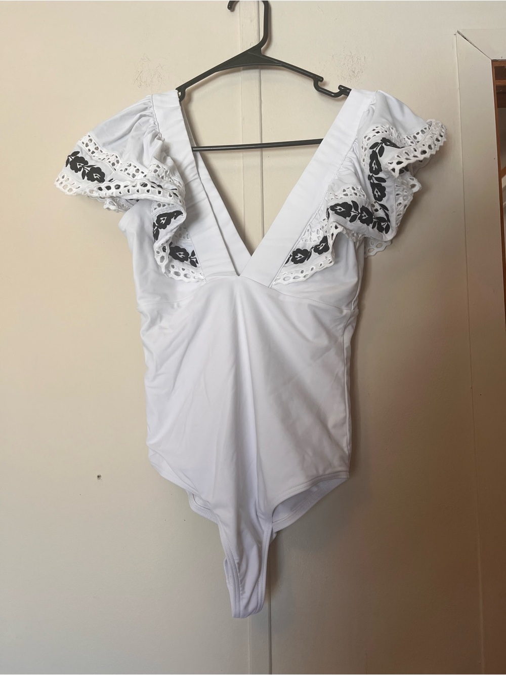 Sea New York White One-Piece with Black Embroidered Ruffle Sleeves